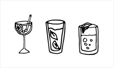 Set of three cocktails. Alcoholic and non-alcoholic drinks. Doodle style. Vector illustration.
