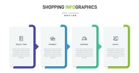 Concept of shopping process with 4 successive steps. Four colorful graphic elements. Timeline design for brochure, presentation, web site. Infographic design layout.