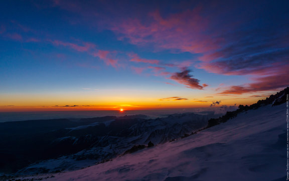 sunrise over the mountains winter Elbrus mountain landscape © Alex