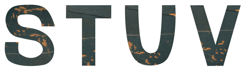 Isolated set of Font English or Latin Letters STUV made of old peeling paint wooden board with...
