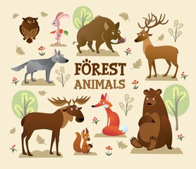 Collection of forest and wild animals with decor vector illustration. Rabbit with carrot and squirrel with nut flat style. Trees and greenery. Wildlife and nature creatures concept