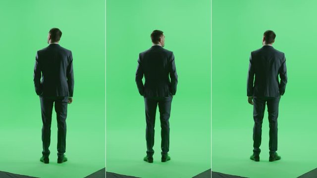 3-in-1 Green Screen Collage: Businessman Wearing Suit, Standing, Waiting, Looking around with Hands in Pockets. Best Value Package with Multiple Back View Shots. Chroma Key Background Montage