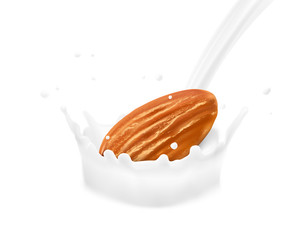 Realistic milk splashes and drops with almond nut. Vector illustration isolated on white background. Ready to use for your design. EPS 10.	