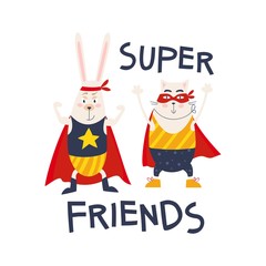 Friends superheroes poster with cute animals vector illustration. Friendship and inspirational inscription flat style. Funny creatures in costumes. Isolated on white background