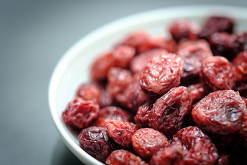 Closeup view of a White plate Full of Dried Cranberries