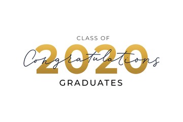 Congratulations graduates card with numbers vector illustration. Golden 2020 flat style. Fun ceremony and festive party. Education and diploma concept. Isolated on white background