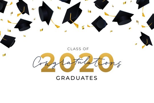 Congratulations graduates hats flying in air vector illustration. Class of 2020 flat style. Golden numbers. Finished education concept. Isolated on white background