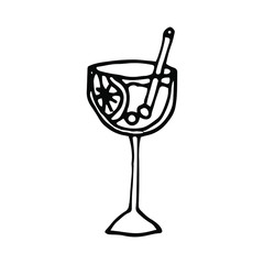 Vector illustration. Black and white line art. Popular symbol of summer and vacation is cocktail. Doodle style.