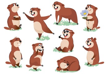 Marmot or beaver wild animal rest on nature vector illustration. Funny character on meadow in various poses excited about life cartoon design. Groundhog day concept. Isolated on white background - obrazy, fototapety, plakaty