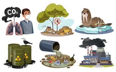 Set of nature pollution and creative images vector illustration. Impure air trash on streets poor animals cartoon design. Global world problem concept. Isolated on white background