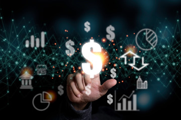 Hand touching US dollar sign with icon such as graph shop chart and arrow. US dollar is the main...