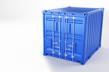 A high quality image of a blue 10ft shipping container on a white background. Ten foot sea shipping container 3d render