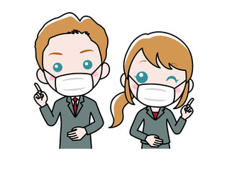 マスクを付けたスーツ姿の男女 