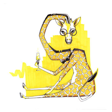 Giraffe in glasses with champagne. Marker and linera art. Hand drawn sketch