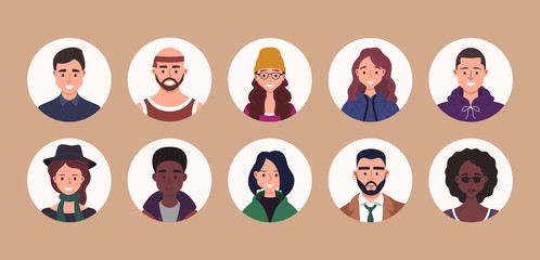 People avatar bundle set. User portraits. Different human face icons. Male and female characters. Smiling men and women characters. Flat cartoon style vector illustration
