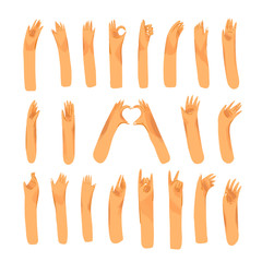 Human hand with collection of signs and hand gestures - ok, love, greetings, peace, waving hands. Man and woman palm hands set