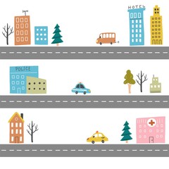 Cartoon cute kids map with car, road, city landscape elements. Cars, building, road of hand drawn, children toy style. Vector illustration.