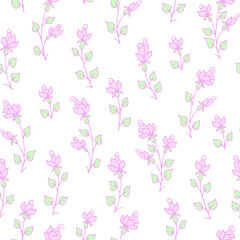 Vector seamless pattern: hand drawn pretty pink roses with mint color leaves on white. Tender pastel design for textile, wrapping paper, wallpaper.