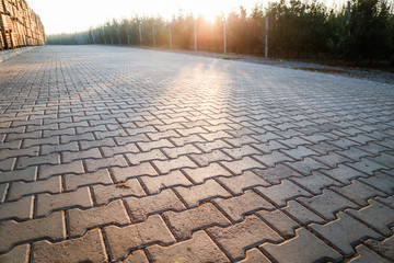 Perspective View Monotone Gray Brick Stone Pavement on The Ground for Street Road. Sidewalk,...