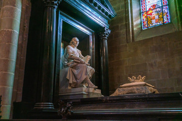 Interior of St. Pierre Cathedral, and statue of John Calvin, one of the leaders of the Protestant Reformation, Geneva