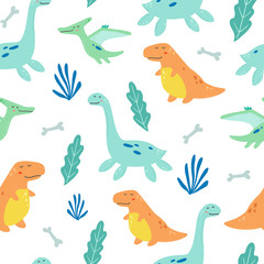 Cute dinosaur seamless pattern for kids, baby textile, wallpaper, nursery design. Funny little dino of hand drawn style. Vector illustration.