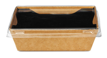 Craft package food box with transparent cover on white background close up