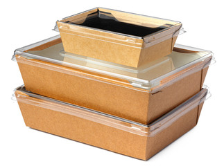 Craft package food box with transparent cover on white background close up