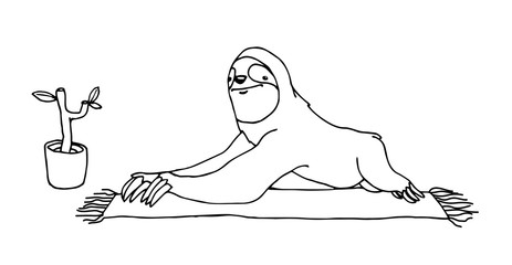 cute funny sloth practiced yoga exercises on home mat in cobra pose, vector illustration with black ink contour lines isolated on white background in doodle and hand drawn style