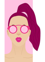 face of a girl with pink hair bunched, with pink lips and round pink glasses