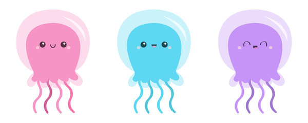 Jellyfish face icon set. Cute cartoon kawaii funny baby character. Pink blue purple glowing transparent color. Sea ocean animal. Flat design. Kids tshirt, notebook cover print. White background
