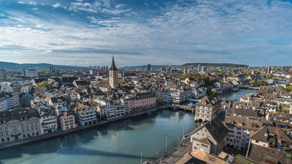 Fototapeta na wymiar Zurich from the observation deck on top of the cathedral tower 