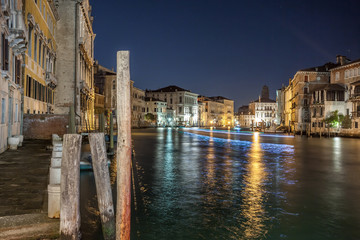 Grand Canal with gondolas at night, Venice, Italy