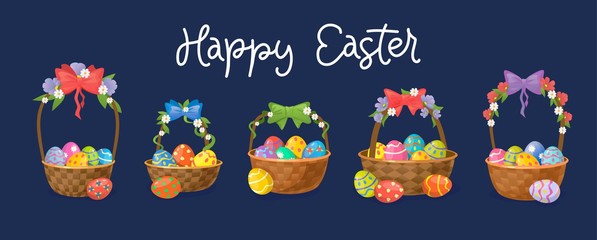 Wicker baskets with eggs set isolated on dark background vector illustration. Happy Easter lettering for greeting, invitation cards. Collection of pottles decorated spring flowers and festive bows