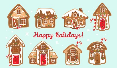 Christmas card with houses made of gingerbread cookies vector illustration. Happy holidays inscription flat style. Nice decorated biscuits. Isolated on blue background