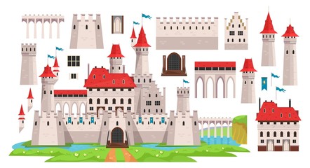 Medieval castle diy constructor for kids vector illustration. Ancient building with various details flat style. Architecture and history concept. Isolated on white background © Microstocker.Pro