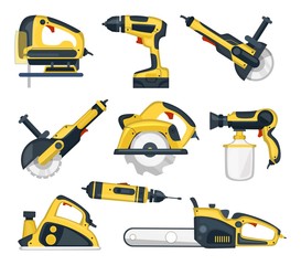 Set of yellow power tools for professional craftsman vector illustration. Instruments for handyman flat style. Renovation or construction site concept. Isolated on white background