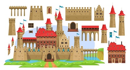Medieval castle constructor for children vector illustration. Different details for diy flat style. History and ancient architecture concept. Isolated on white background © Microstocker.Pro