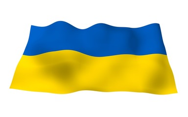 The flag of Ukraine on a white background. National flag and state ensign. Blue and yellow bicolour. 3D illustration waving flag