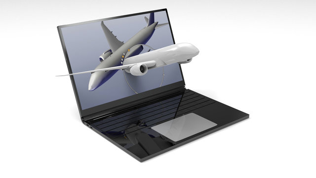3D rendering - Airplane taking off from laptop screen