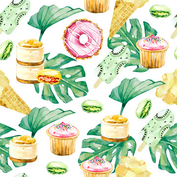 Watercolor seamless pattern tropical leves, cupcake dessert and sweet ice cream. Summer party dessert, floral, tropical leaf for digital paper or textile fabric, wrapping paper, party card background.