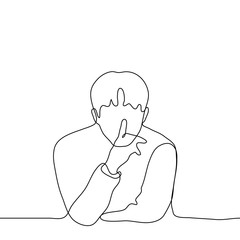 Drawing of a man leaning on his elbows, his right hand he covers his mouth, a pointing sticks out vertically from his fist. The concept of silence, keeping a secret, boycott. One continuous line art.
