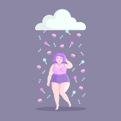 Plus size happy woman. Body positive concept. 
Girl loves sweets. Attractive overweight woman.