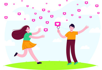 Couple using social media concept vector illustration. Young girl runs to a man, man makes bubbles from likes.