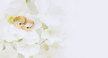 Golden wedding rings and white flowers on white background. 