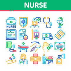 Nurse Medical Aid Collection Icons Set Vector. Nurse Hat And Stethoscope, Pulse Cardiogram And Patch, Suturing Wounds And Inhaler Concept Linear Pictograms. Color Illustrations