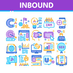 Inbound Marketing Collection Icons Set Vector. Growth Roi And Seo, Attract And Crm, Email, And Social Media And Internet Marketing Concept Linear Pictograms. Color Illustrations