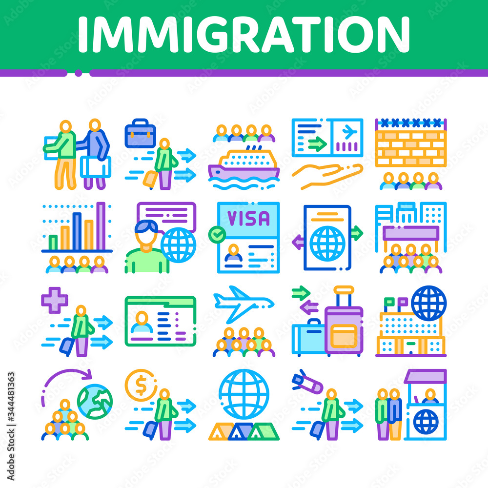 Poster Immigration Refugee Collection Icons Set Vector. Immigration Person With Baggage, Passport And Visa, Cruise Liner Voyage And Airplane Concept Linear Pictograms. Color Illustrations