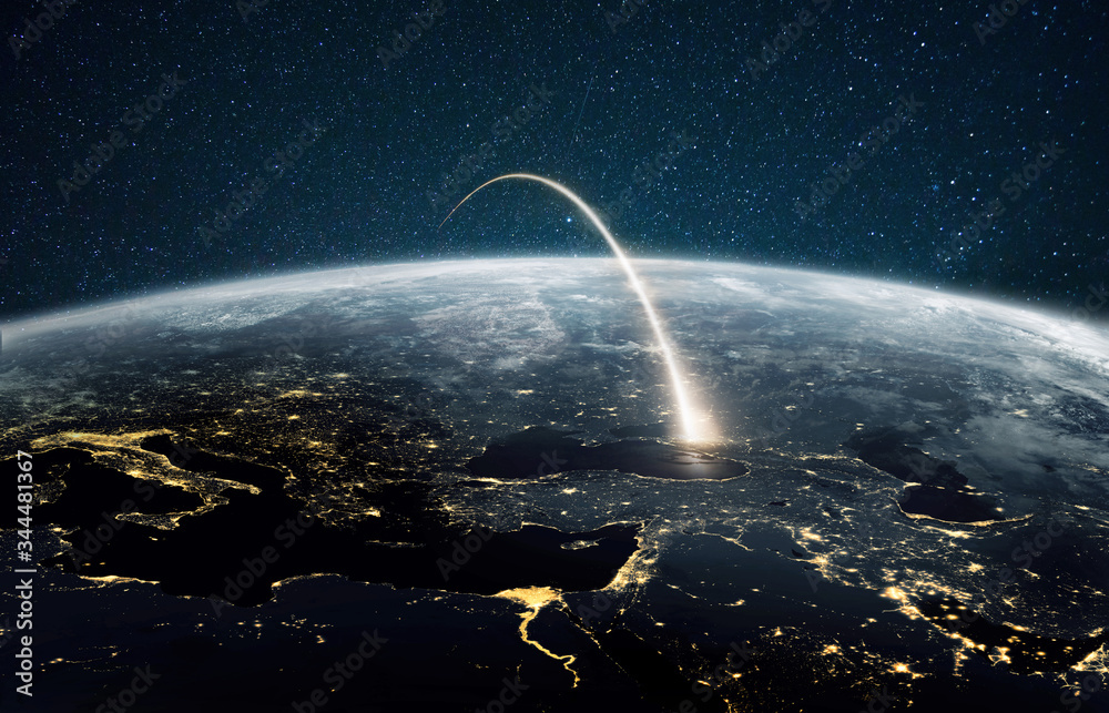 Aufkleber Rocket launch on a night planet earth with lights. Concept of successful satellite launch. Spaceship flies over the planet. View from space
