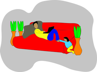 Vector illustration of a man working from home with a child. Covid-19 and lockdown related issue.