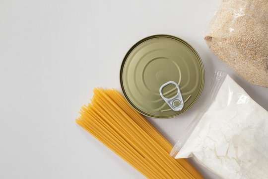 Canned Food With Pasta, Powder On Gray Background